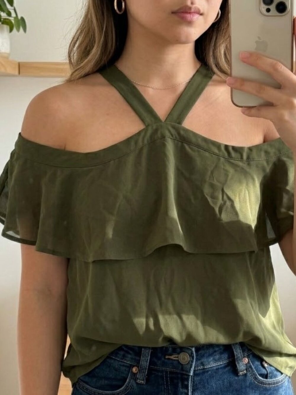 NWT olive green cold shoulder strappy tie back ruffle blouse | size S